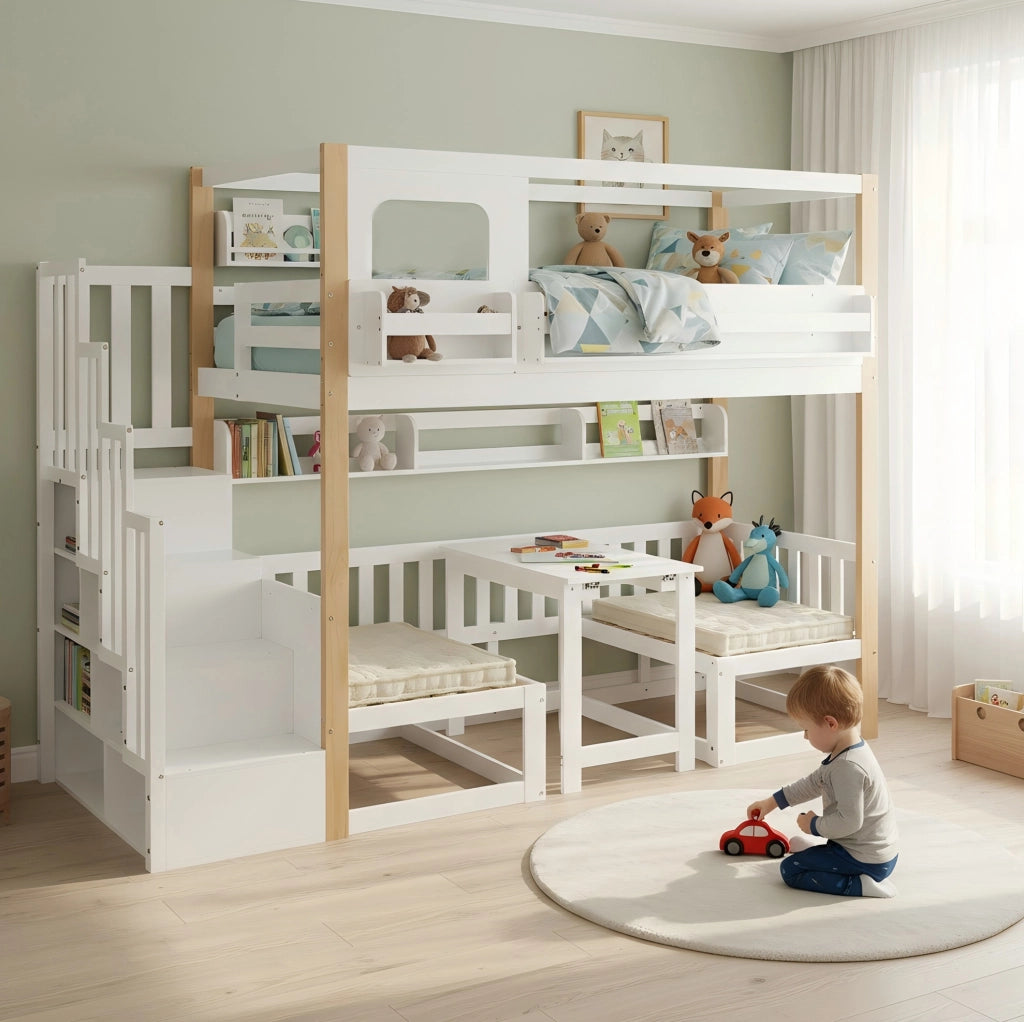 Letto a castello con scrivania regolabile in altezza, scala portaoggetti stabile, legno di pino e MDF, 90x200 cm bianco e naturale
