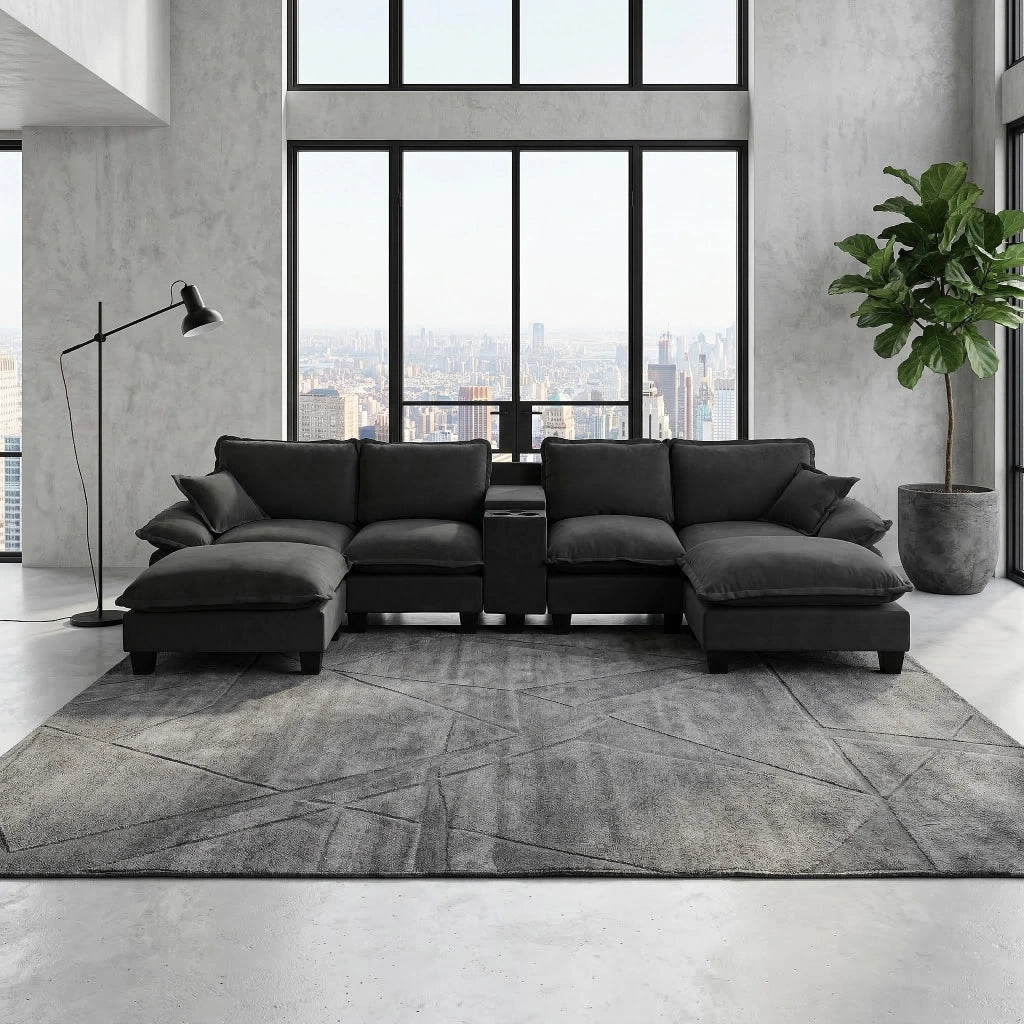 Divano Modulare a U con Ottomane, Contenitore, USB e Cuscini ¨C MINIMAL ¨C Chenille Nero