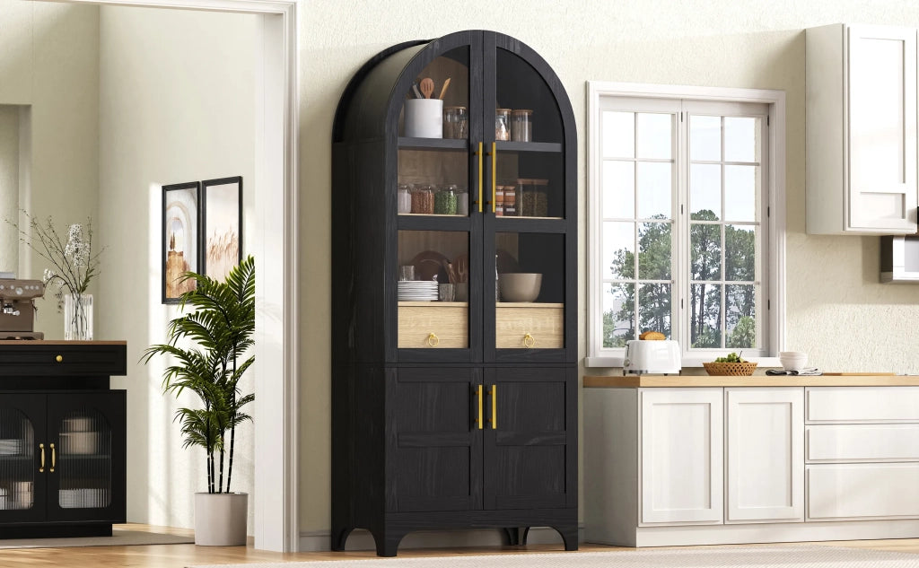 Highboard nero con ripiani regolabili, cassetto e ante in vetro rigato, ampio spazio contenitore per cucina, sala da pranzo e soggiorno