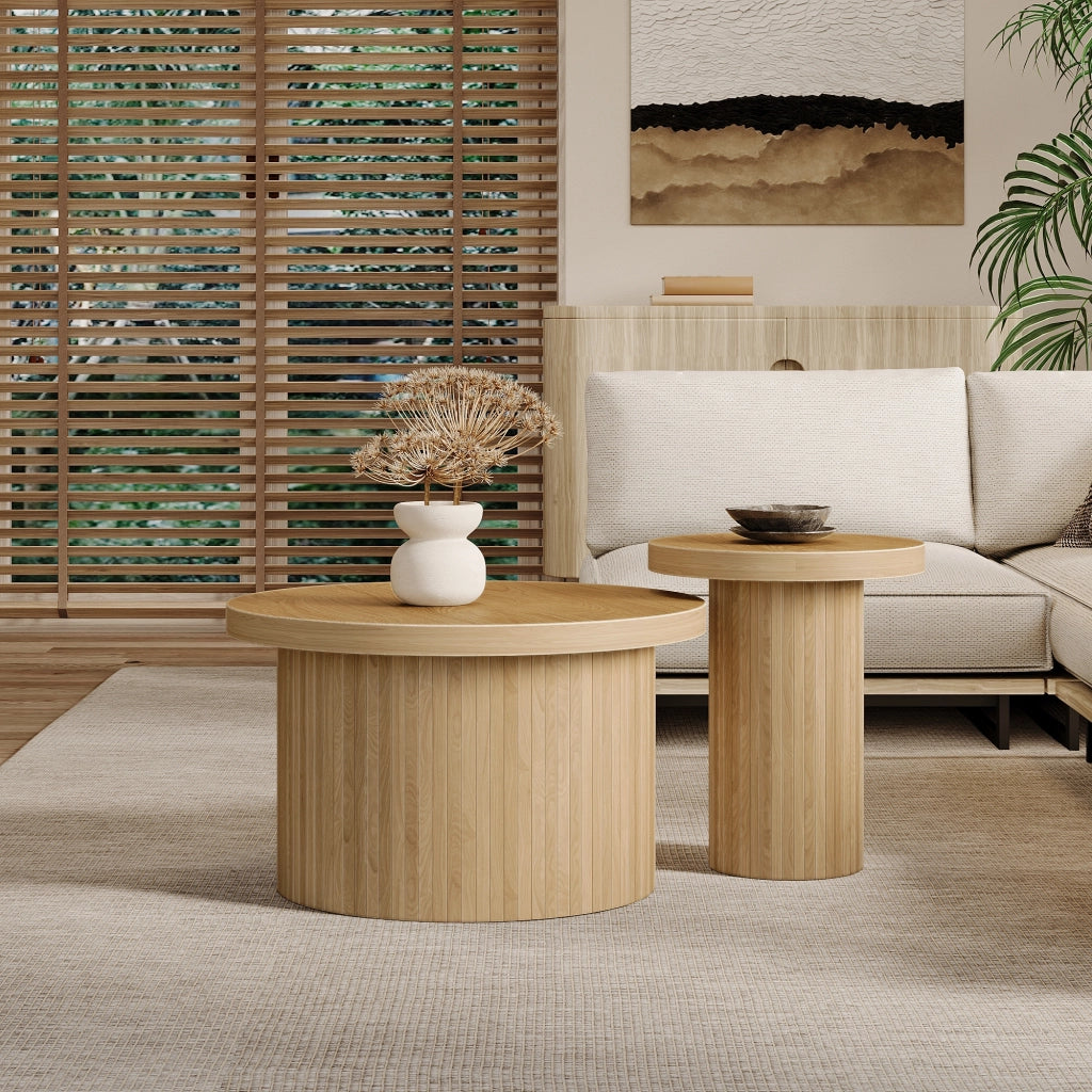 Tavolini da salotto impilabili modulari con struttura a doghe, stile naturale, in MDF, colore legno, per soggiorno