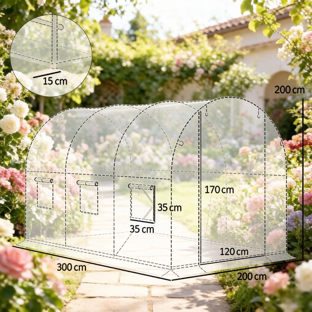 Serra da giardino a tunnel con telo in polietilene 140 g/m²; porta con zip e 6 finestre verde 2.98 × 1.96 × 1.98 m