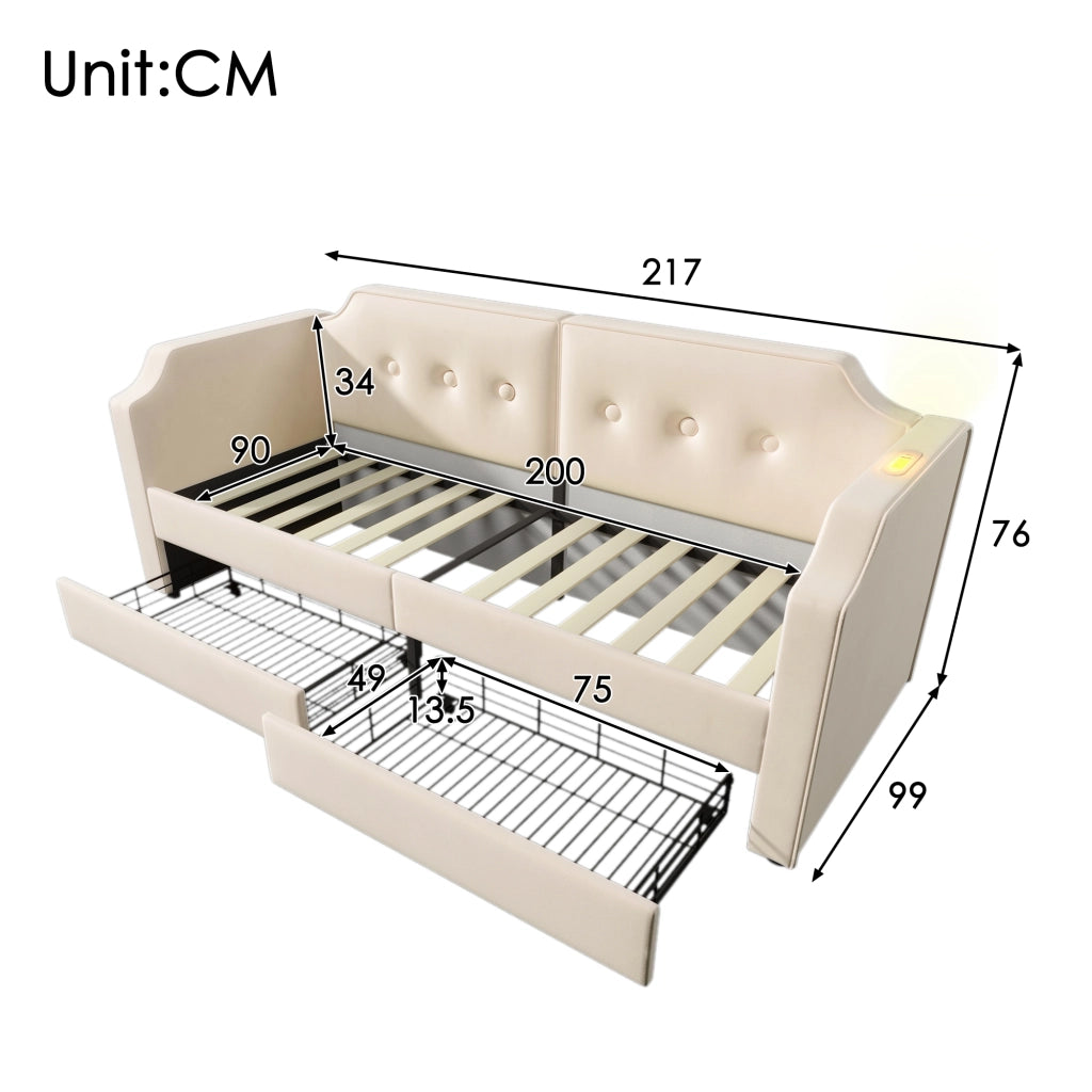Letto singolo imbottito 90 ¡Á 200 cm in velluto beige con cassetti luce da lettura USB Type-C rete a doghe