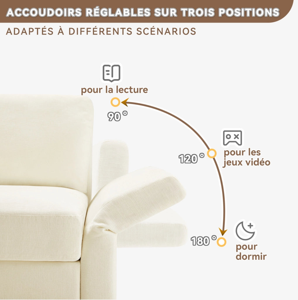 Divano 3 posti con pouf mobile e braccioli regolabili in ciniglia beige