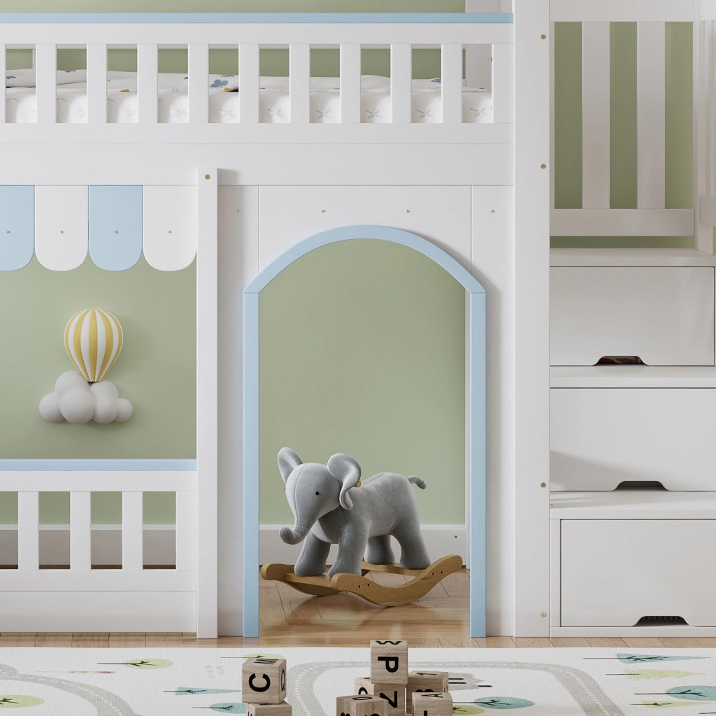 Letto a soppalco 90 × 200 cm con scala contenitore a tre gradini; rete a doghe e barriere; legno bianco e blu