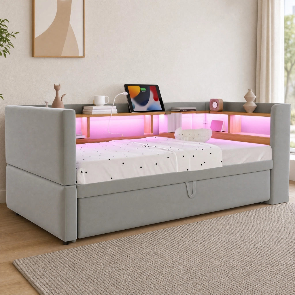 Divano letto 90/180 × 190 cm estraibile con LED prese e vani portaoggetti in flanella grigio chiaro