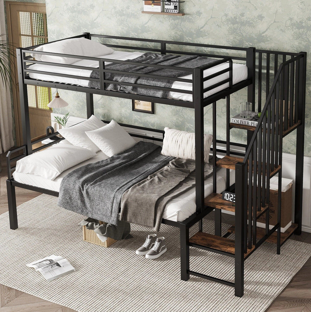 Letto a castello 90x200 / 120x200 cm in metallo e MDF; nero; con scaletta ad angolo con contenitore