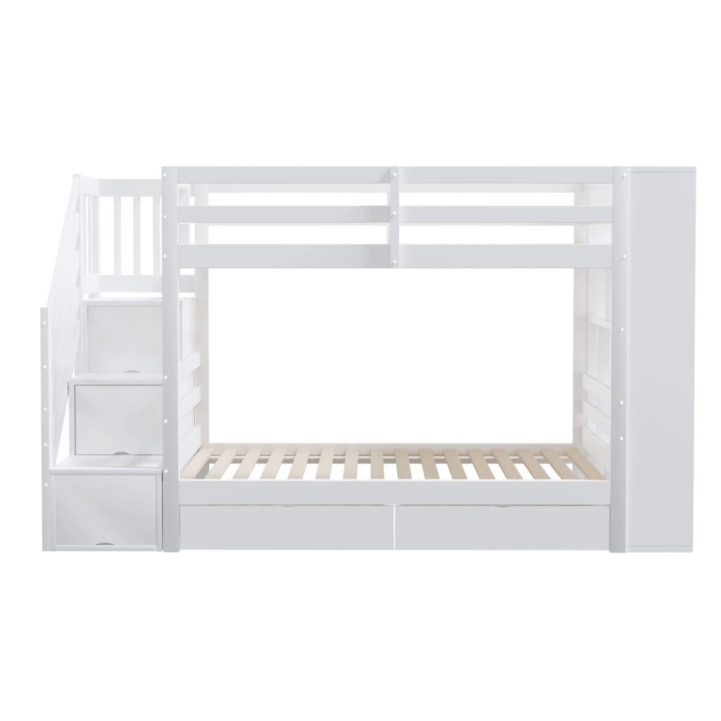 Letto a castello modulare 90 × 200 cm in legno bianco con scala contenitore cassetti e armadi integrati