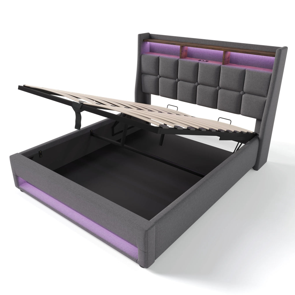 Letto imbottito 140x200 cm con contenitore, LED e USB in lino grigio