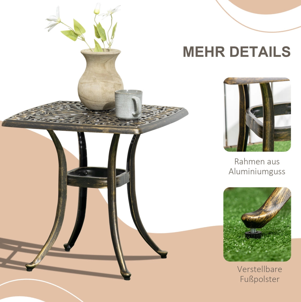 Tavolino da Esterno in Alluminio con Foratura per Ombrellone 54x54x52,5 cm, Finitura Bronzo Vintage per Giardino e Balcone