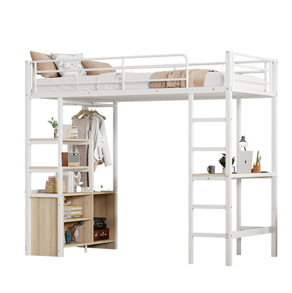 Letto a soppalco 90x200 cm con scrivania, ripiani e presa USB, bianco
