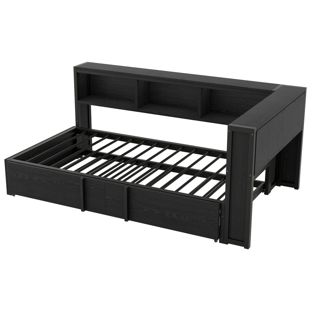 Letto divano singolo 90 × 200 cm con letto estraibile, 5 armadietti, LED regolabile e USB, senza materasso, nero
