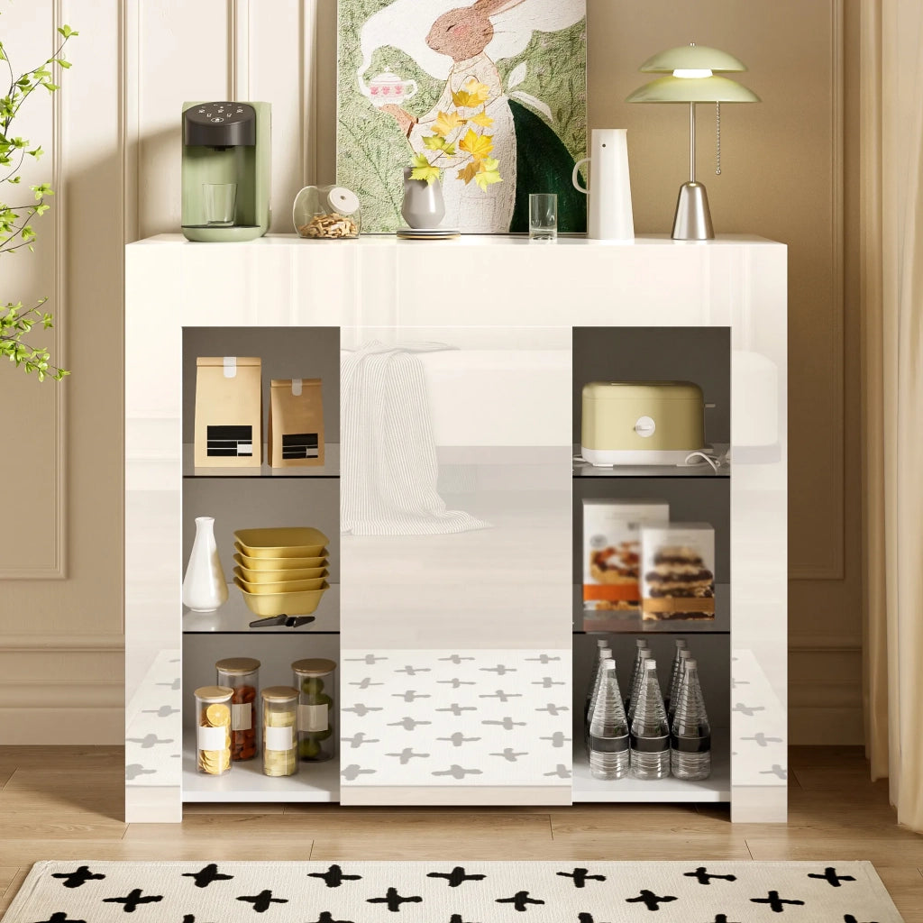 Buffet moderno bianco con ante lucide, ripiani in vetro e anta, 95x35x83 cm, per soggiorno, sala da pranzo o cucina