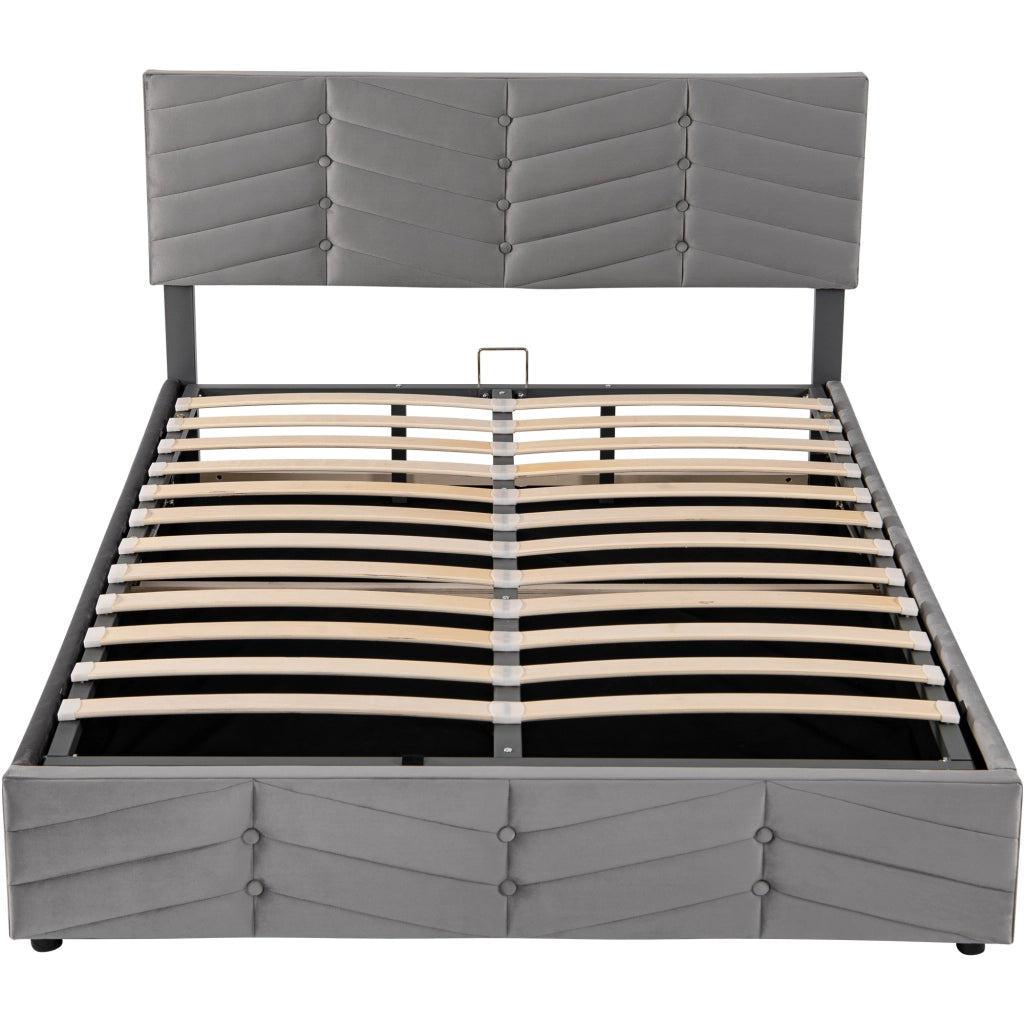 Letto Contenitore Matrimoniale Imbottito 140x200 cm in Velluto con Sollevamento Idraulico e Testiera Regolabile, Grigio