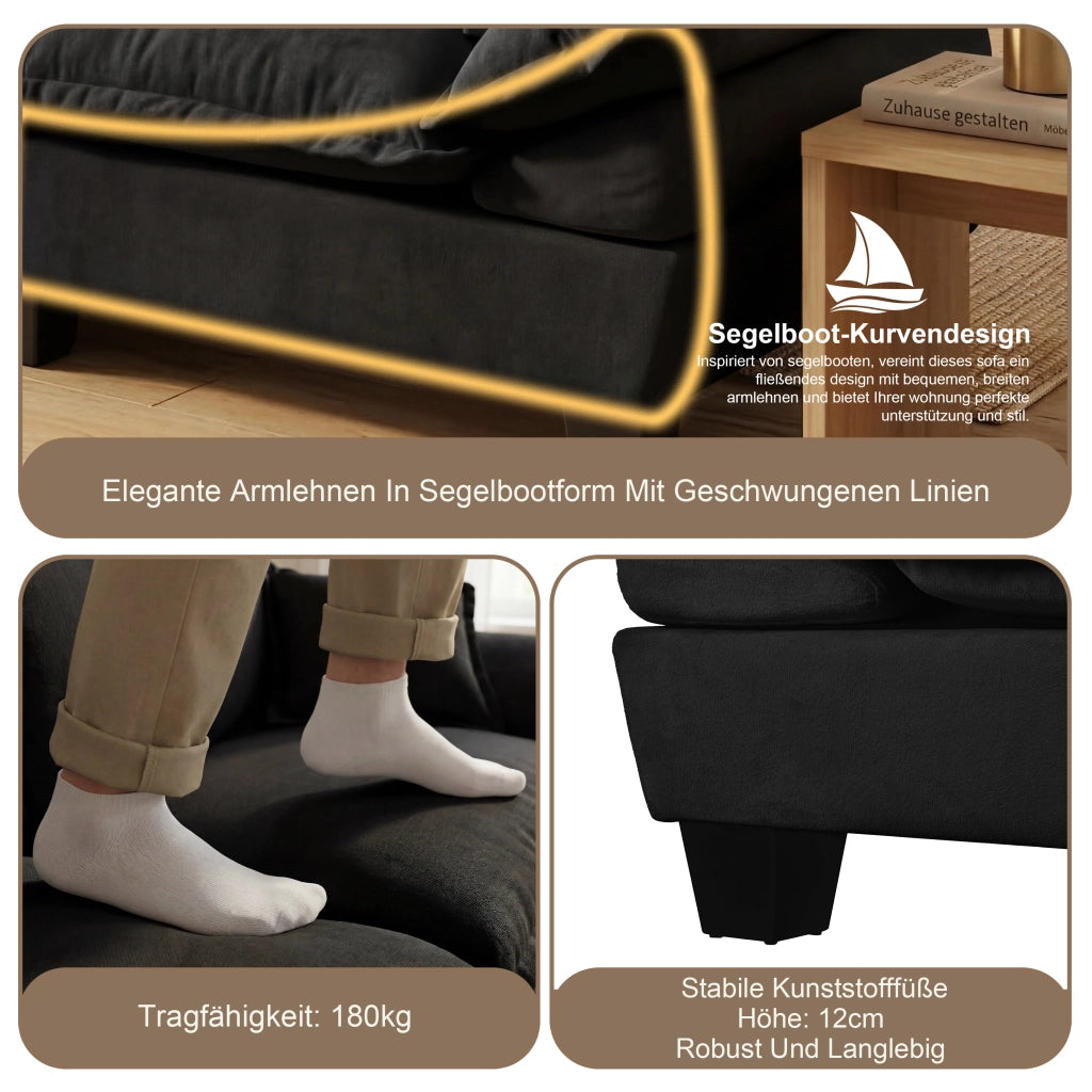 Divano panoramico a U 6 posti in ciniglia nero con ottomana rimovibile struttura in legno 323 × 155 × 90 cm