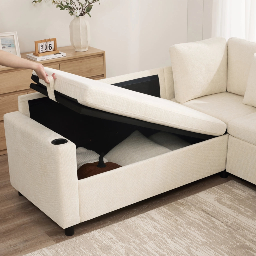 Divano letto angolare modulare a 5 posti in ciniglia beige con chaise longue reversibile vano contenitore e porte USB