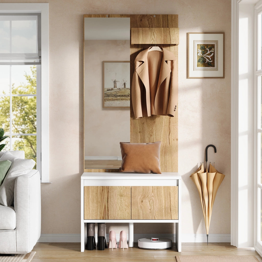 Set di mobili da ingresso con specchio; appendiabiti; panca e 2 cassetti bianco e naturale 60 × 38 × 145 cm