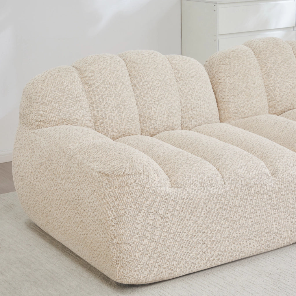 Divano modulare a 3 posti in schiuma densa 32D senza struttura, rivestimento in fleece granulato beige e bianco