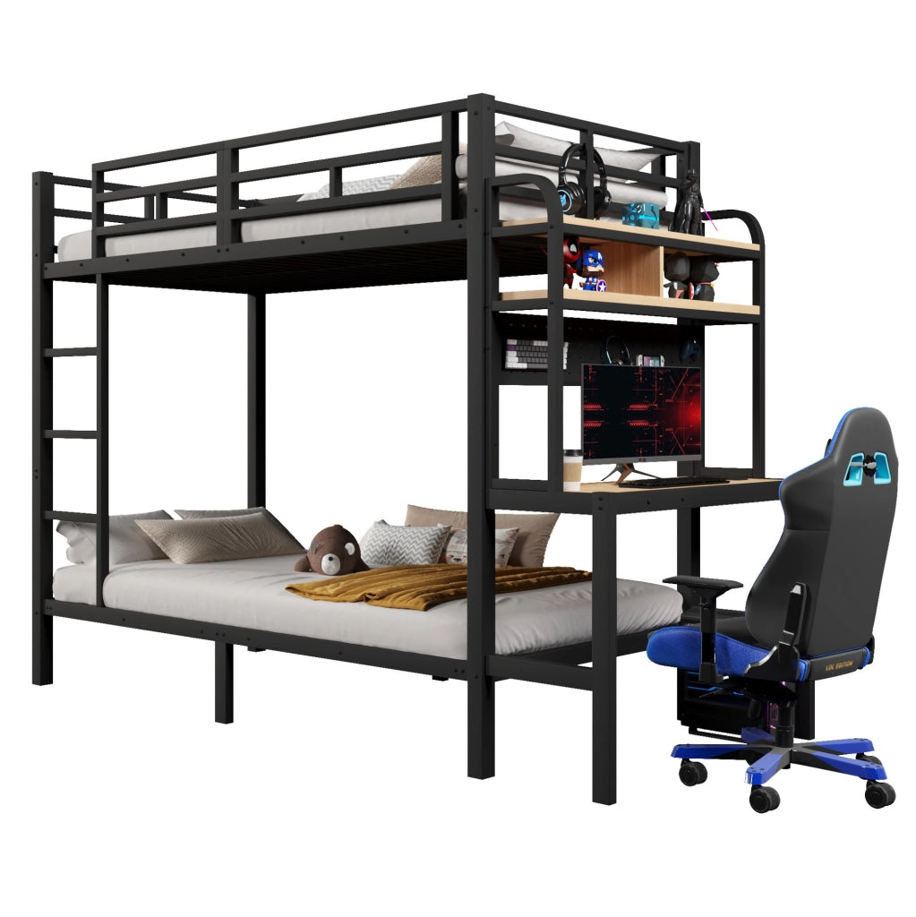 Letto a castello 90x200 cm nero metallo e MDF - scrivania LED e USB