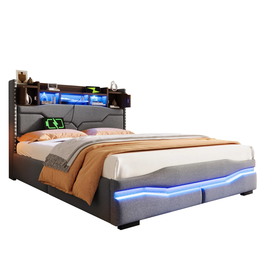 Letto contenitore 140 × 200 cm con sollevamento idraulico; LED controllabili tramite app e porte USB Type-C