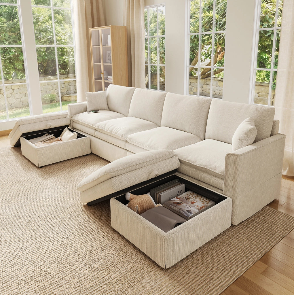 Divano modulare angolare ULEVR 6 posti 277x135x80 cm a U/L con 2 pouf contenitore, USB e Type-C, beige