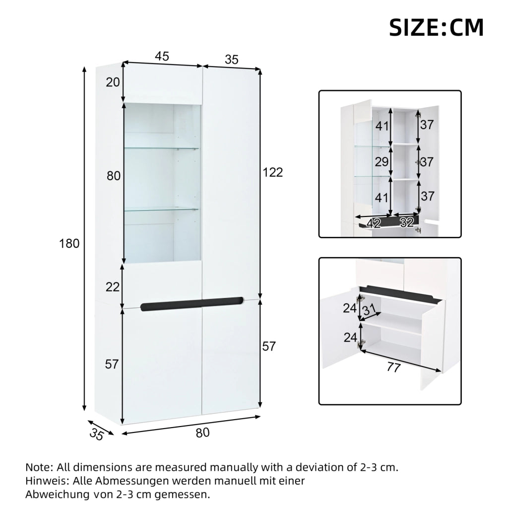 Vetrina bianca con LED, 4 ante in MDF e vetro temperato, 80×35×180 cm per soggiorno e sala da pranzo