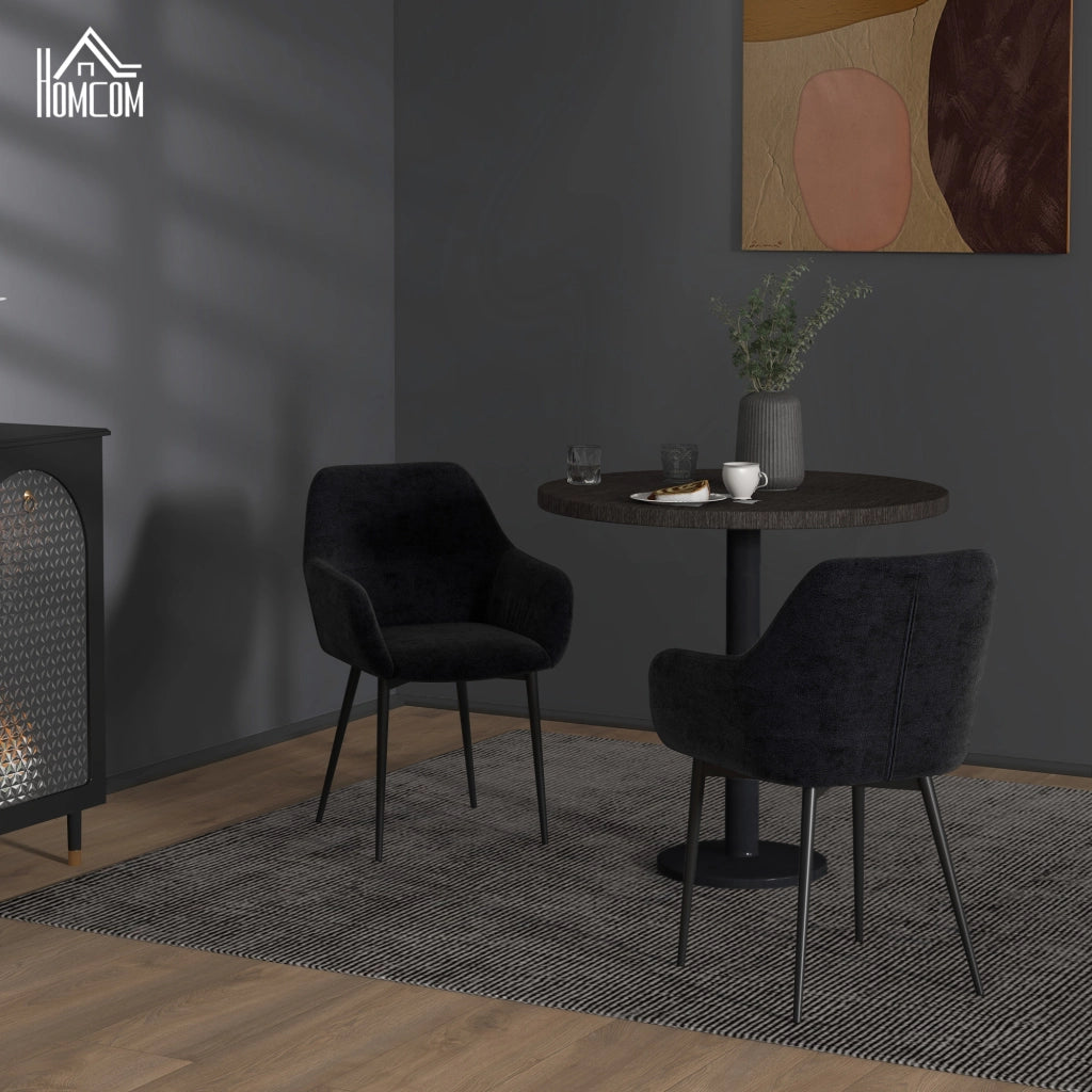 Set 2 Sedie per Sala da Pranzo Moderne con Braccioli, Seduta Imbottita e Gambe in Acciaio, 54x57x80cm, Nero