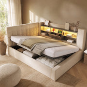 Letto imbottito 140x200 cm beige con LED, prese USB, contenitore idraulico e testiera reversibile