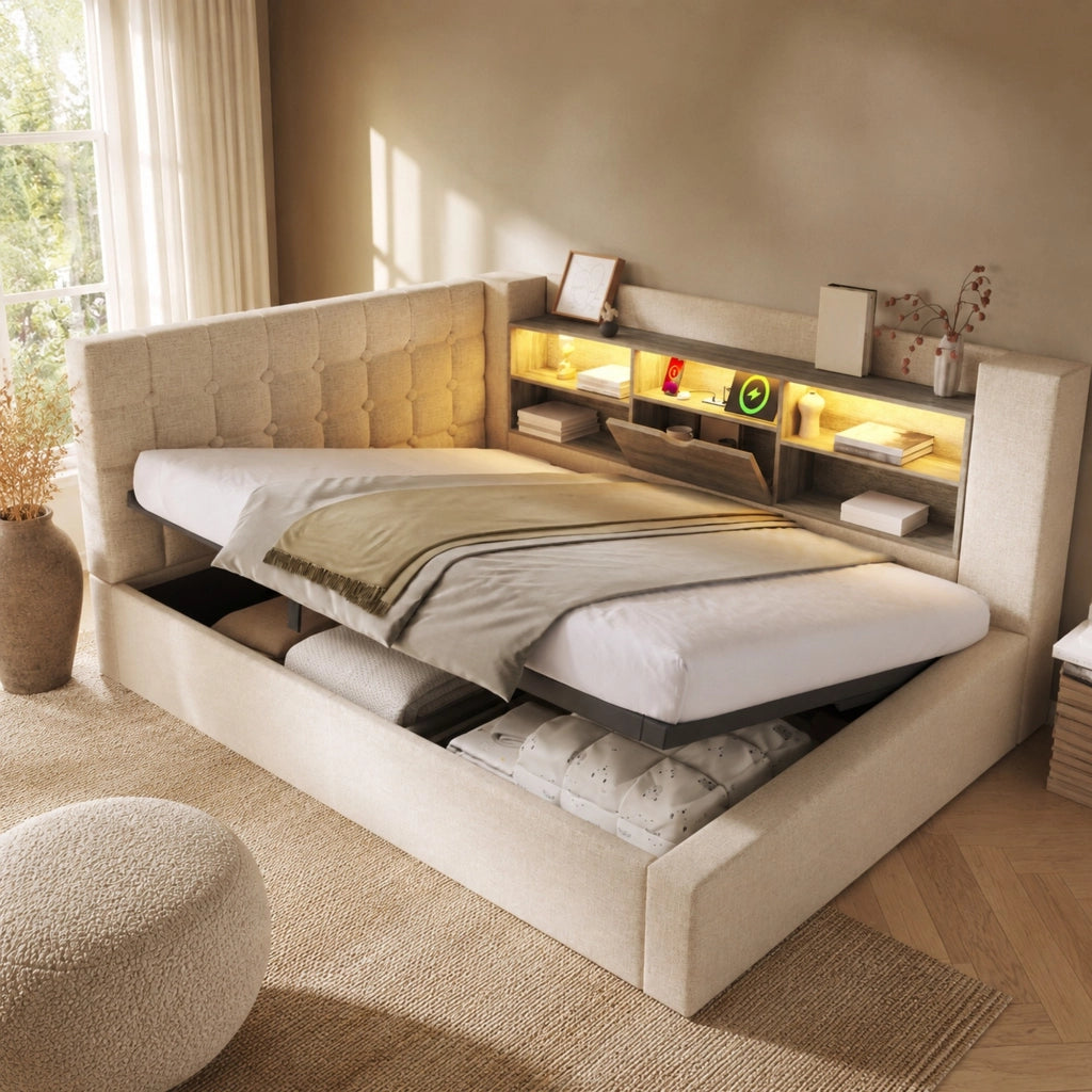 Letto imbottito 140x200 cm beige con LED, prese USB, contenitore idraulico e testiera reversibile