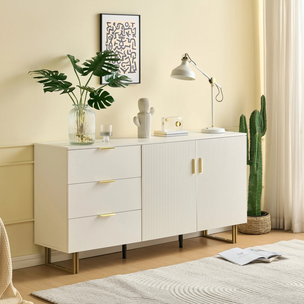 Credenza ULEVR 160x40x81,5 cm con 2 ante e 3 cassetti, mobile contenitore in MDF bianco con gambe in acciaio