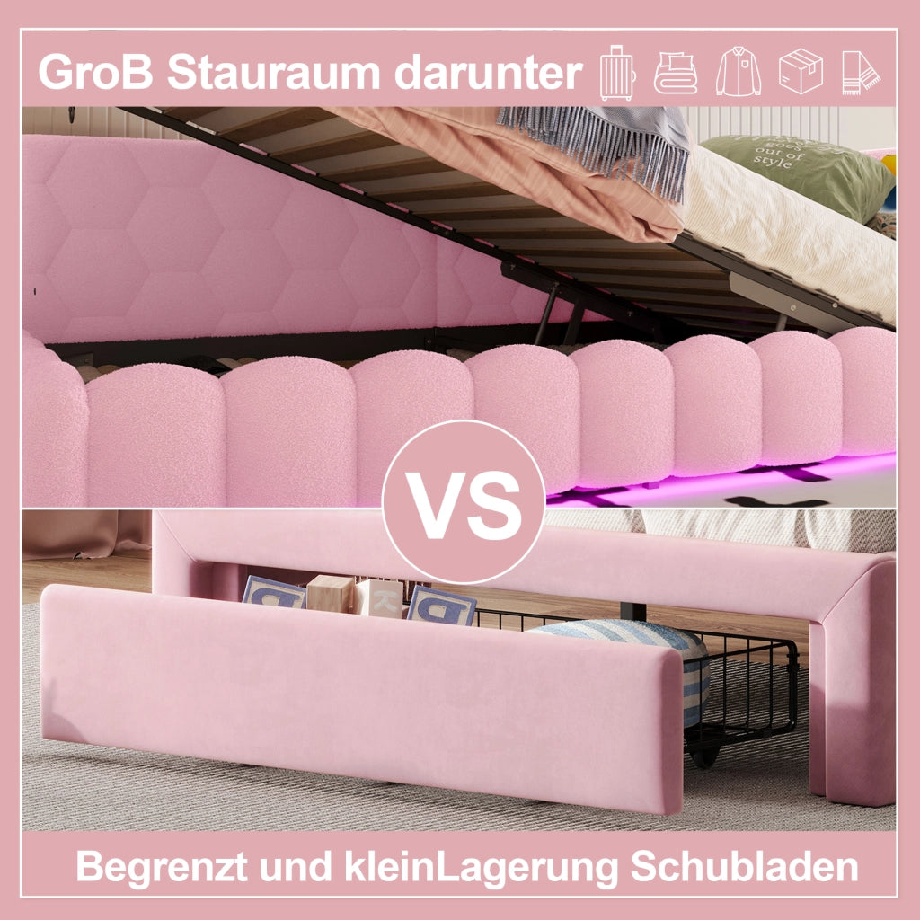 Letto da Giorno 90x200 cm in velluto con Contenitore Idraulico; LED; USB-C Rosa