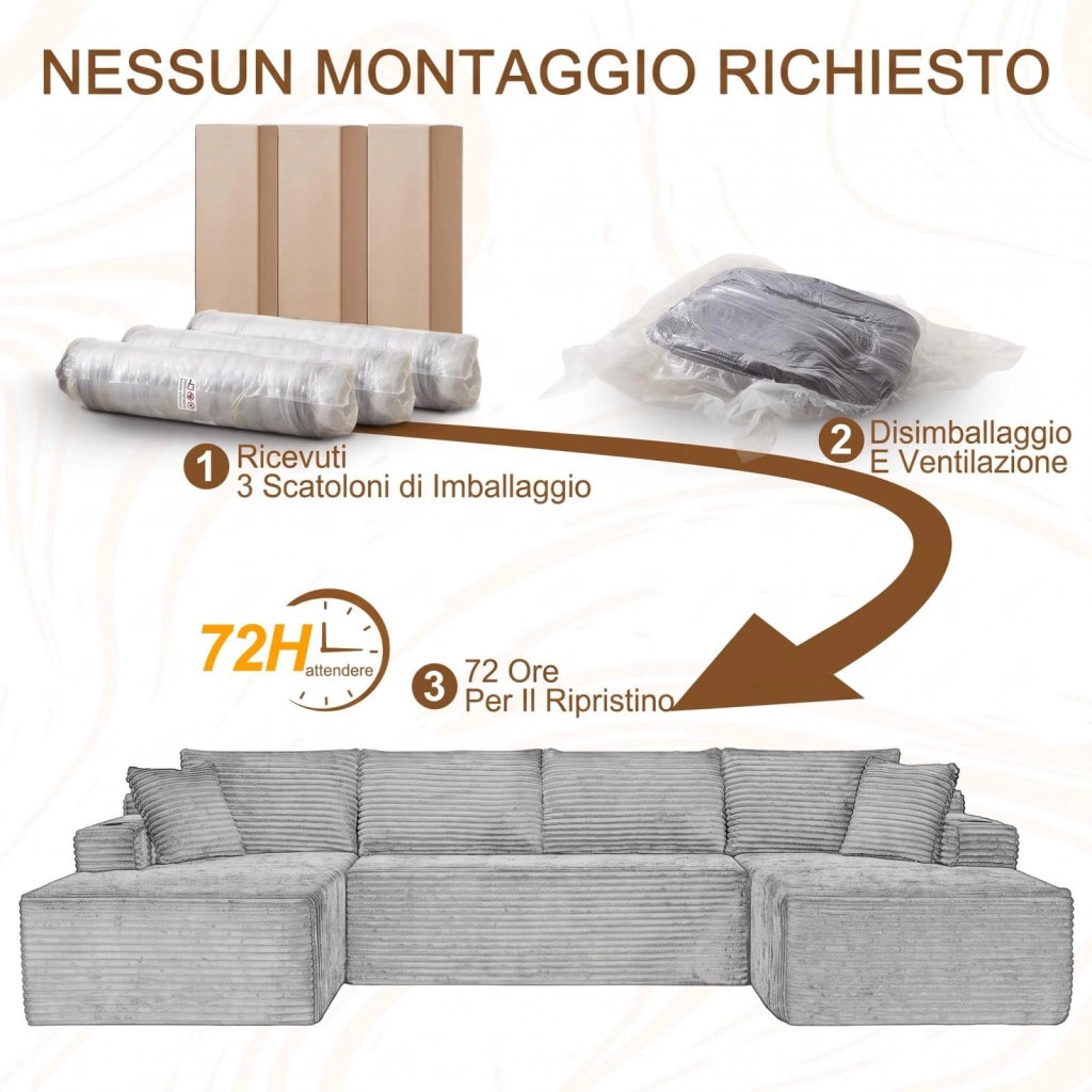 Divano a U, divano senza struttura, seduta profonda, imbottitura in schiuma memory, tessuto in velluto a coste, beige