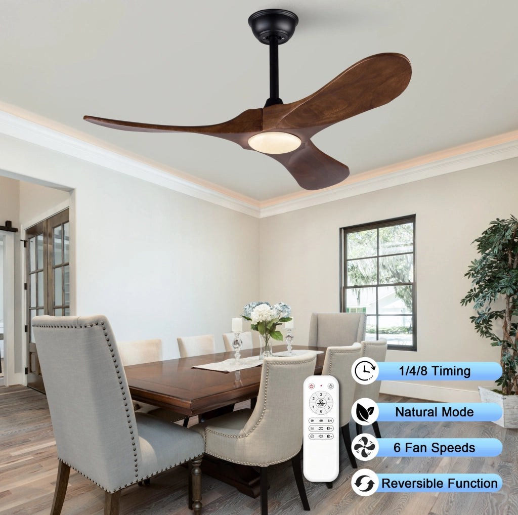 Ventilatore da soffitto in legno massello da 42 pollici con illuminazione LED dimmerabile e telecomando, 3 pale, 6 velocità, per soggiorno e camera da letto