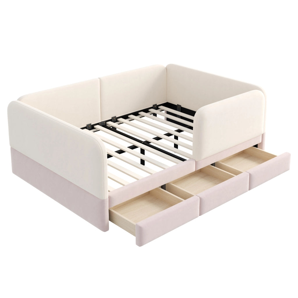 Letto con cassetti 140 × 200 cm imbottito in velluto beige e rosa con bordi arrotondati e 12 doghe