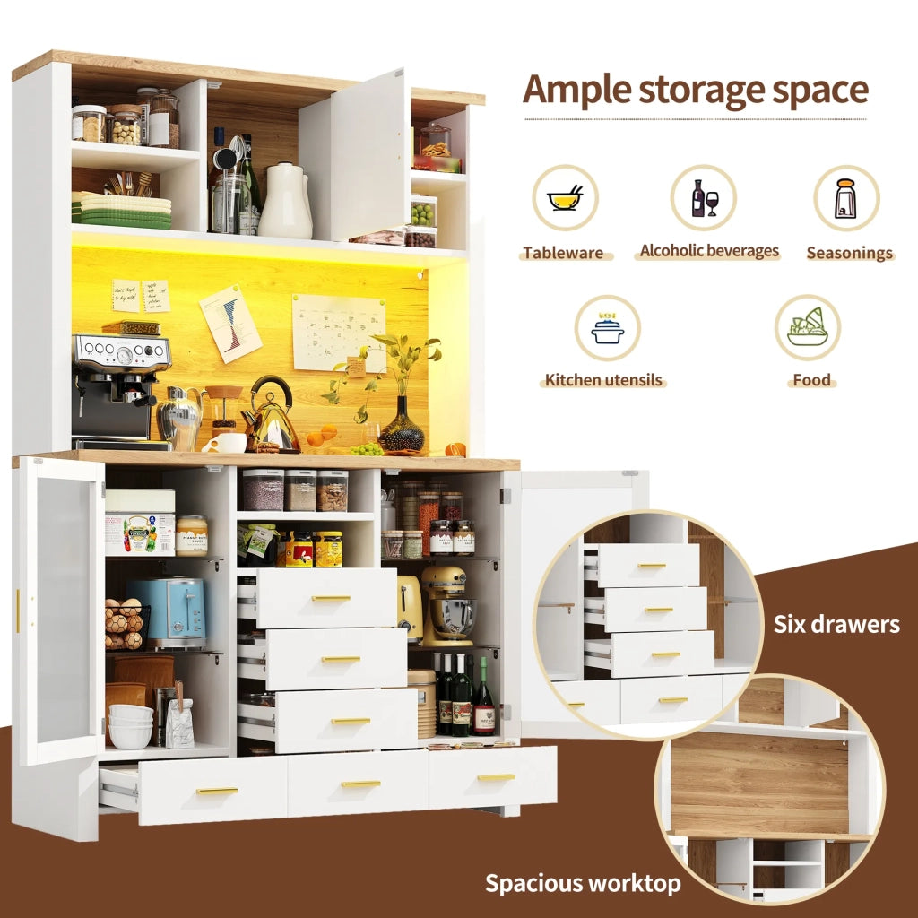 Mobile laterale multifunzione stile country, 120x40x188 cm, bianco con effetto legno, 4 ante, 6 cassetti, 3 ante, striscia LED