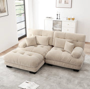 Divano modulare in chenille color caffè chiaro con ottoman mobili; cuscini lombari e braccioli ampi