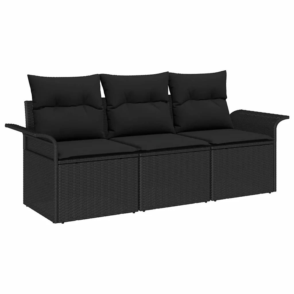 Set Divano da Giardino con cuscino 3 pcs Nero Poly Rattan
