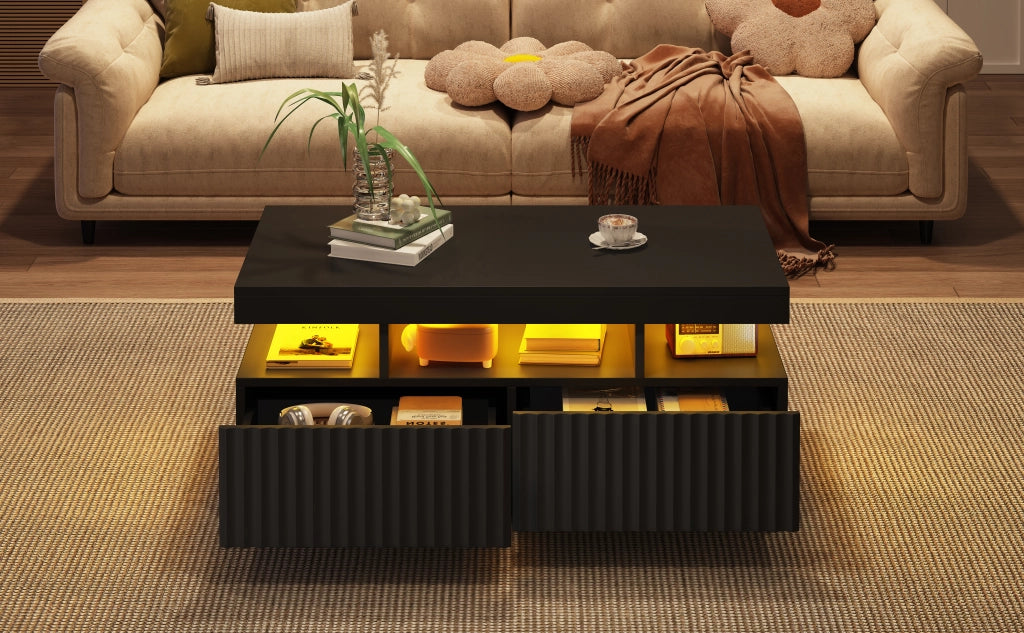 Tavolino da salotto nero 100x50x45 cm con due cassetti e LED