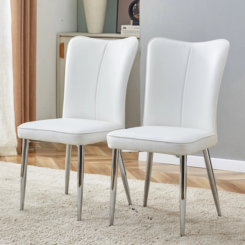 Set di 2 sedie da pranzo moderne bianche in PU con gambe metalliche argento, altezza 89 cm