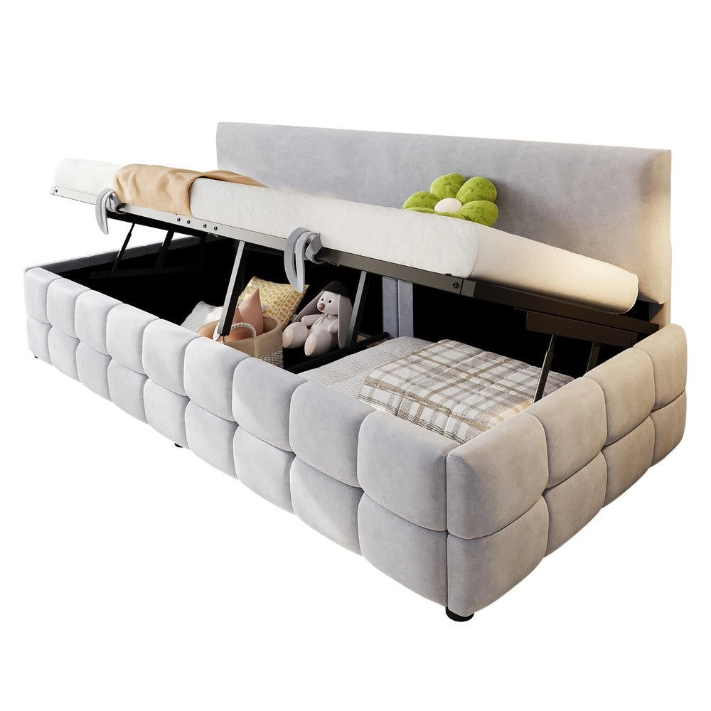 Letto Imbottito Singolo con Contenitore Idraulico ¨C MINIMAL ¨C Velluto Grigio Chiaro 90x200