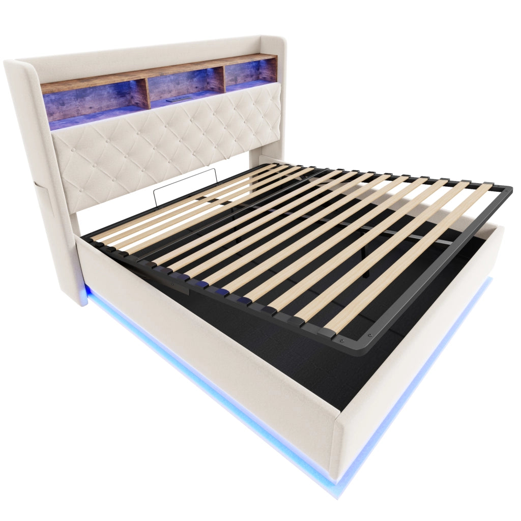 Letto matrimoniale imbottito 180 x 200 cm con luci LED multicolore; vano contenitore idraulico e presa USB; beige