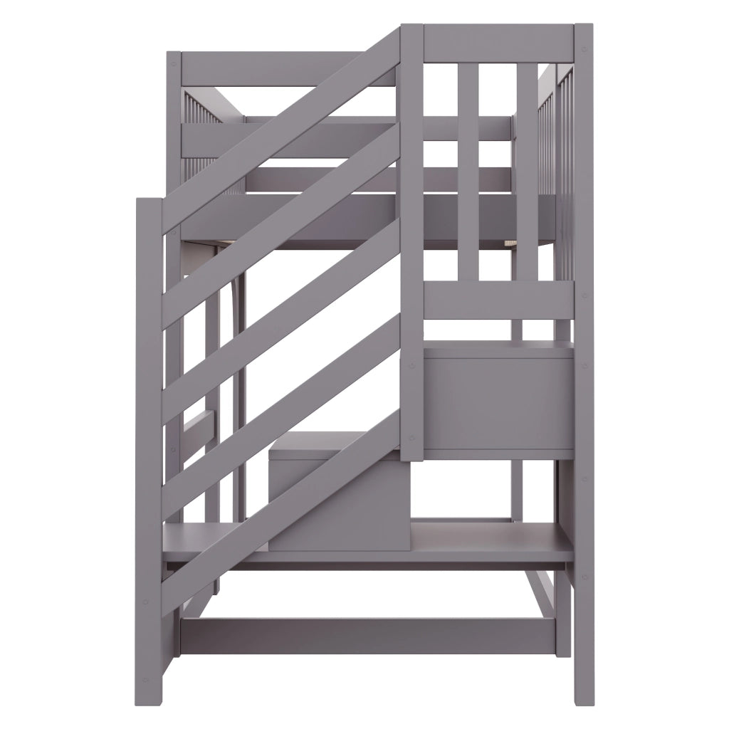 Letto a soppalco 90 × 200 cm con scala contenitore; LED; rete a doghe; protezioni e spazio aperto in legno grigio