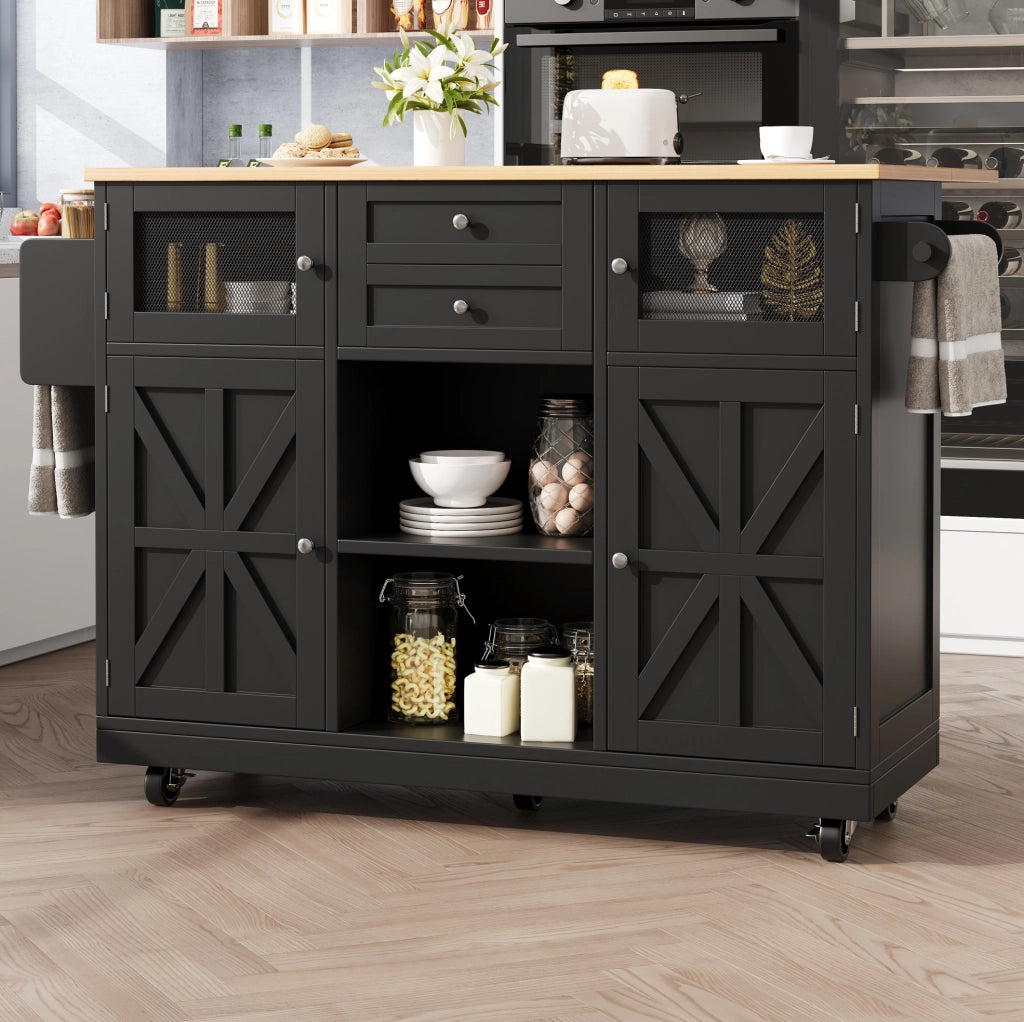 Isola da cucina 140x40 cm nera – piano sollevabile, mobile, con contenitore
