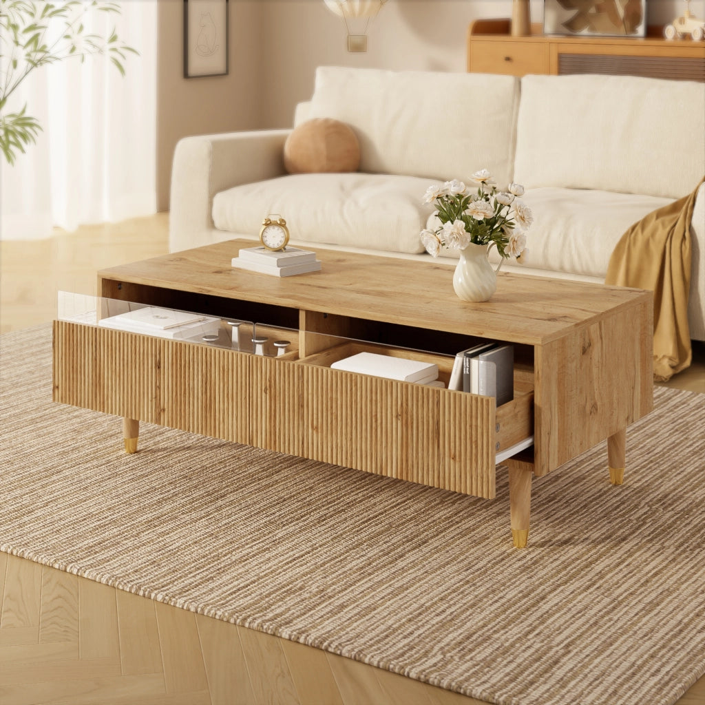 Tavolino da salotto con 2 cassetti e LED colorati, finitura ondulata, per soggiorno, in MDF legno, 110 × 50 × 40 cm