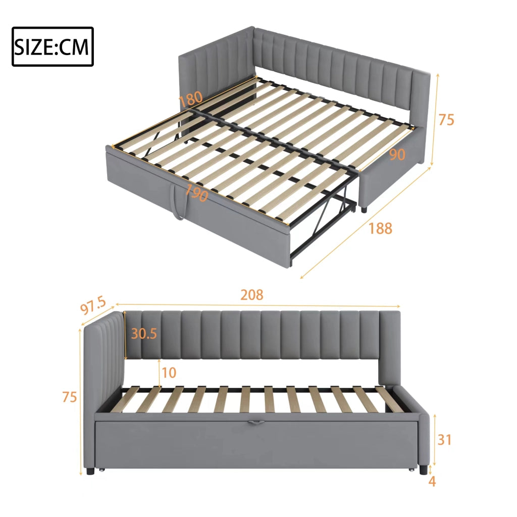 Divano letto 90 × 200 cm con letto estraibile a L rivestito in velluto grigio con schienale e testiera
