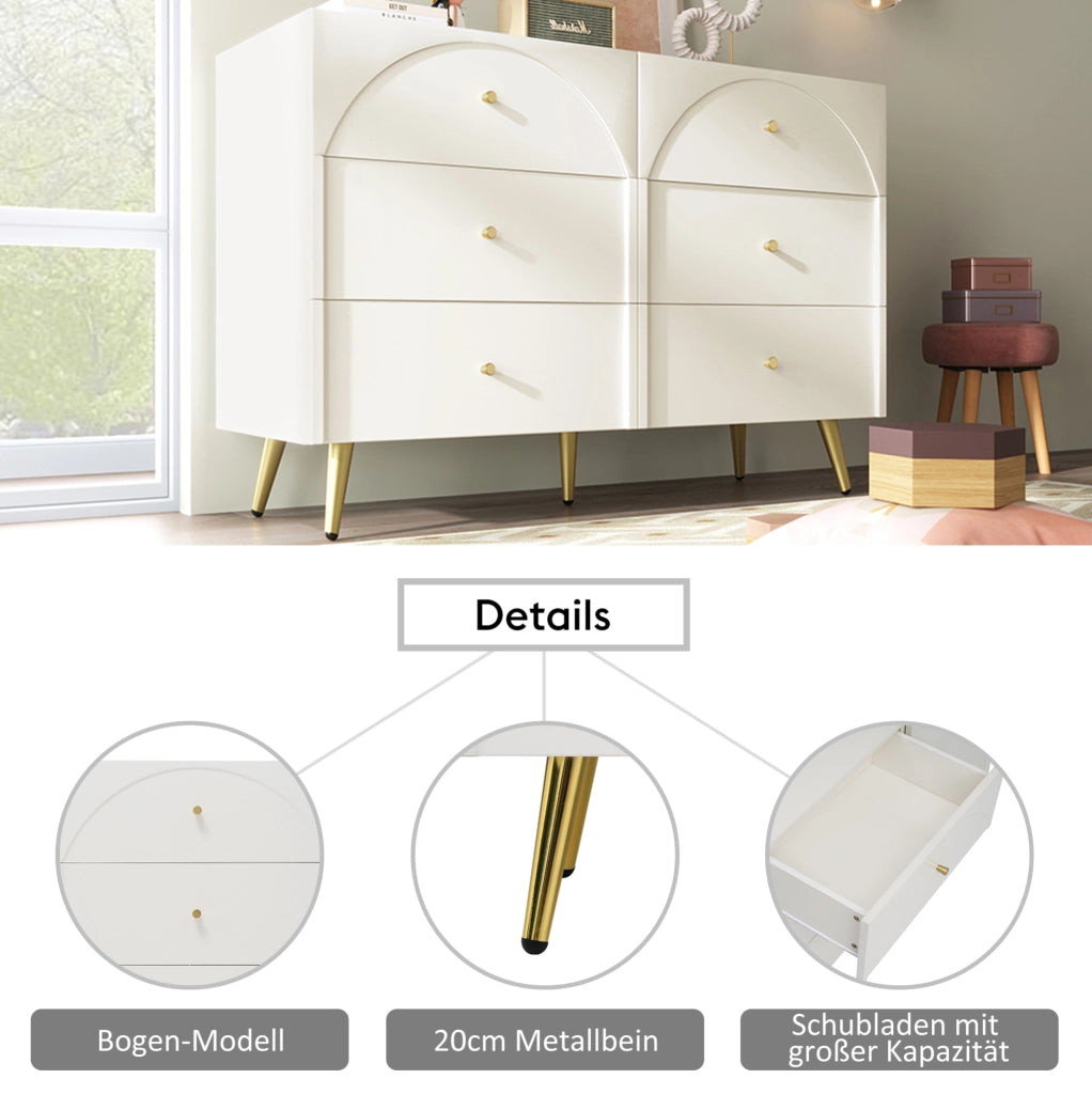 Comò a 6 cassetti crema bianco 120x40x85 cm