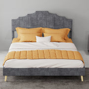 Letto moderno minimalista 140x200 cm con testiera imbottita in tessuto grigio, struttura bassa multifunzionale con materasso incluso