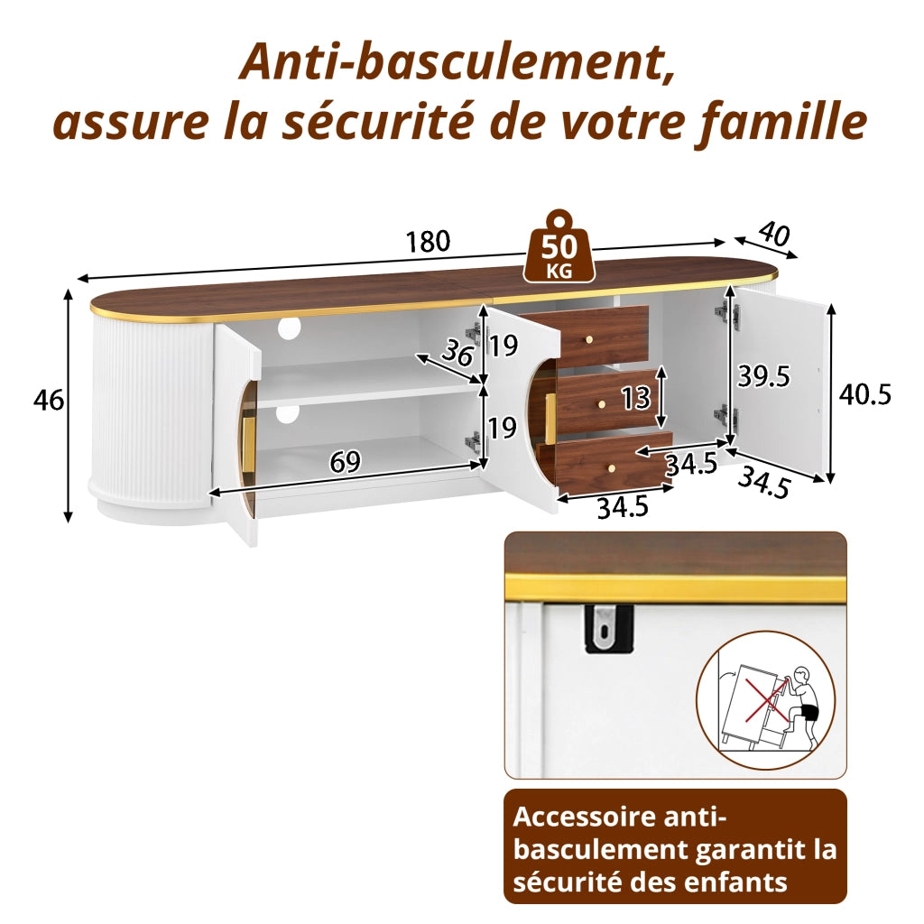 Mobile TV con 3 cassetti e 3 ante; vetro marrone; MDF bianco e gestione cavi 180 × 40 × 46 cm