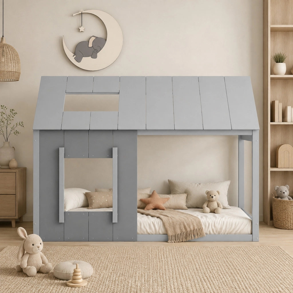Letto per bambini a forma di casa 90 × 200 cm in pino e MDF grigio con tetto e finestra