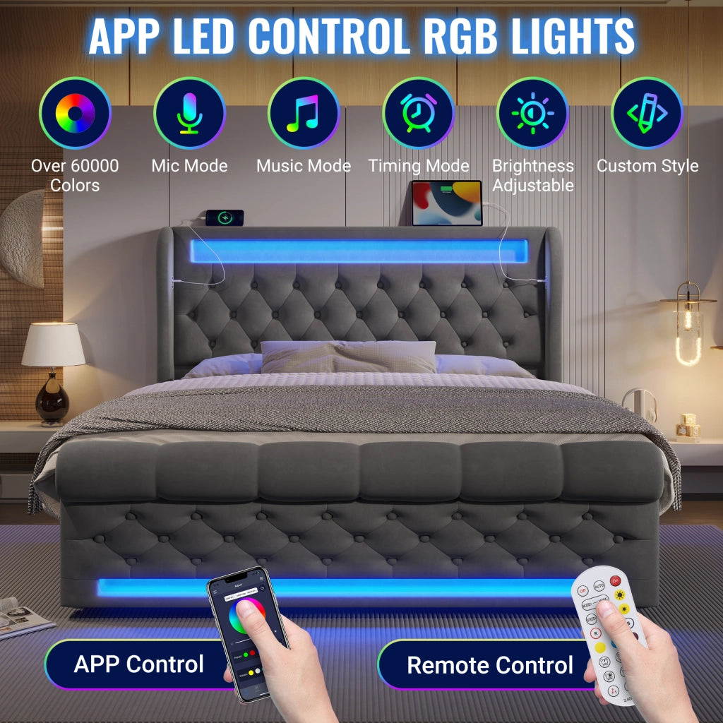 Letto contenitore matrimoniale 140×190 cm con LED; USB e porta Type-C; senza materasso; velluto grigio