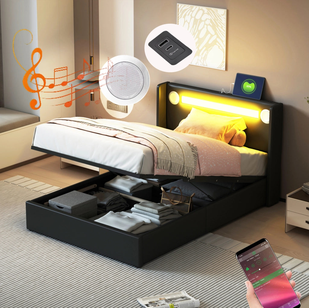 Letto imbottito ULEVR 90x200 cm con contenitore idraulico, LED, Bluetooth e 2 porte USB, nero
